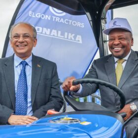CS Kagwe and Dr. Bimal Kantaria experience the Sonalika tractor showcase during the Agritec Africa exhibition.