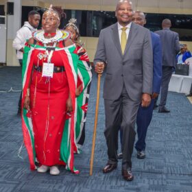 CS Kagwe is welcomed by cultural performers during the Agritec Africa conference and exhibition.