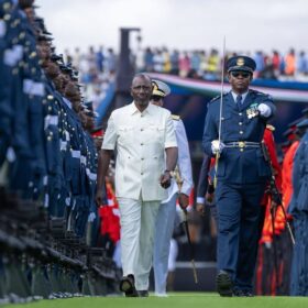 H.E. President William Samoei Ruto inspects a guard of honour during the Madaraka Day celebrations held in Wajir County.