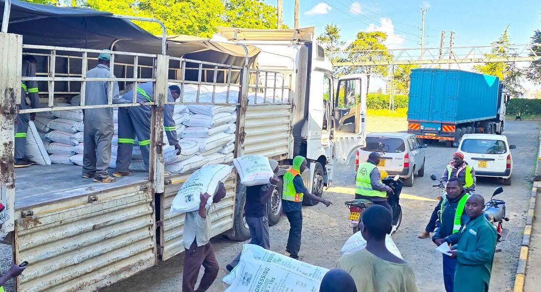 Trucks carrying top-dressing fertilizer arrive at the National Cereals and Produce Board depot in Eldoret.