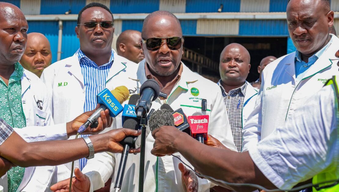 Cabinet Secretary Hon. Sen. Mutahi Kagwe addresses the media during his visit to West Valley Sugar Company, where he outlined opportunities in sugar, electricity generation and ethanol production.