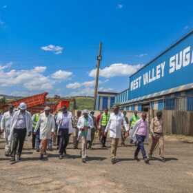 Cabinet Secretary Hon. Sen. Mutahi Kagwe and sector officials tour West Valley Sugar Company during the visit.