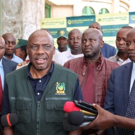Agriculture Principal Secretary Dr. Kipronoh Ronoh Paul, CBS, engages farmers during a crop failure assessment tour in Trans Nzoia and Uasin Gishu Counties.