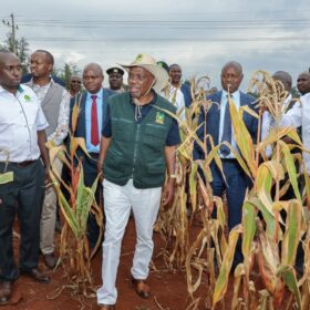 Agriculture Principal Secretary Dr. Kipronoh Ronoh Paul, CBS, engages farmers during a crop failure assessment tour in Trans Nzoia and Uasin Gishu Counties.